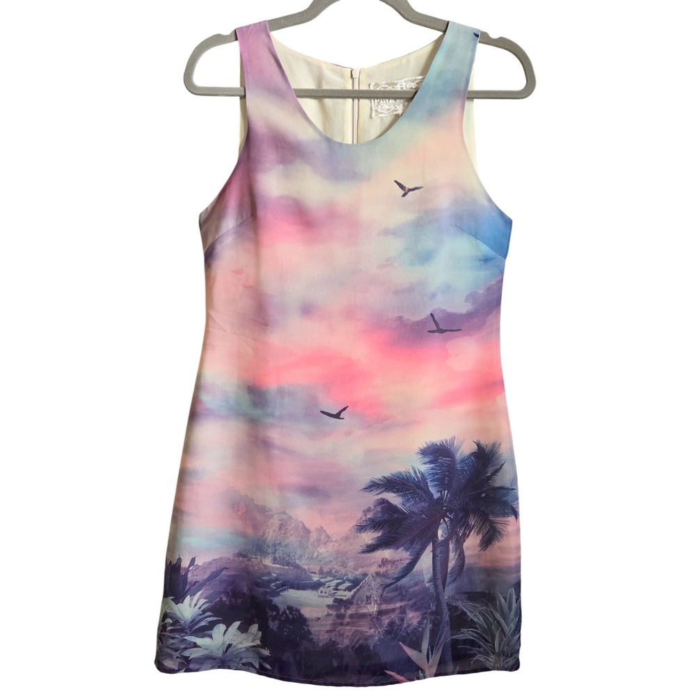 Pink Martini Artsy Tropical Sunset Palm Tree Print Shift Dress XS Sleeveless